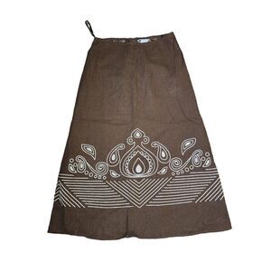 Vintage 90s Maxi Skirt Tribal Pattern Womens Size 8 Brown Linen